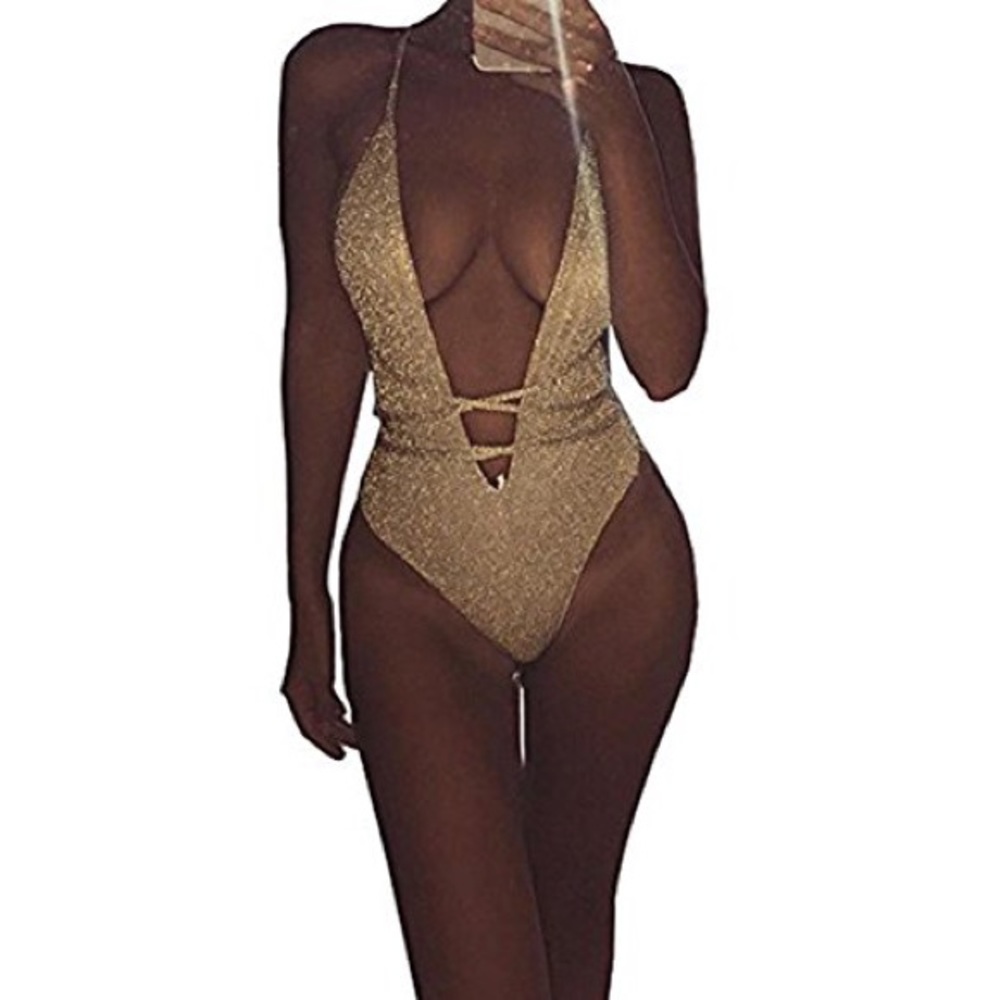 Gold deep V neck halter bodysuit